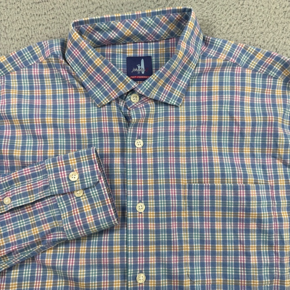 johnnie-O PREP-FORMANCE Mens Large Plaid Button Down Shirt Blue Pink
